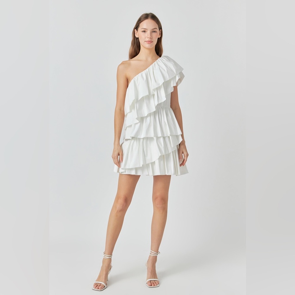 Luminary White One Shoulder Tiered Ruffle Mini Dress Women’s Small Wedding